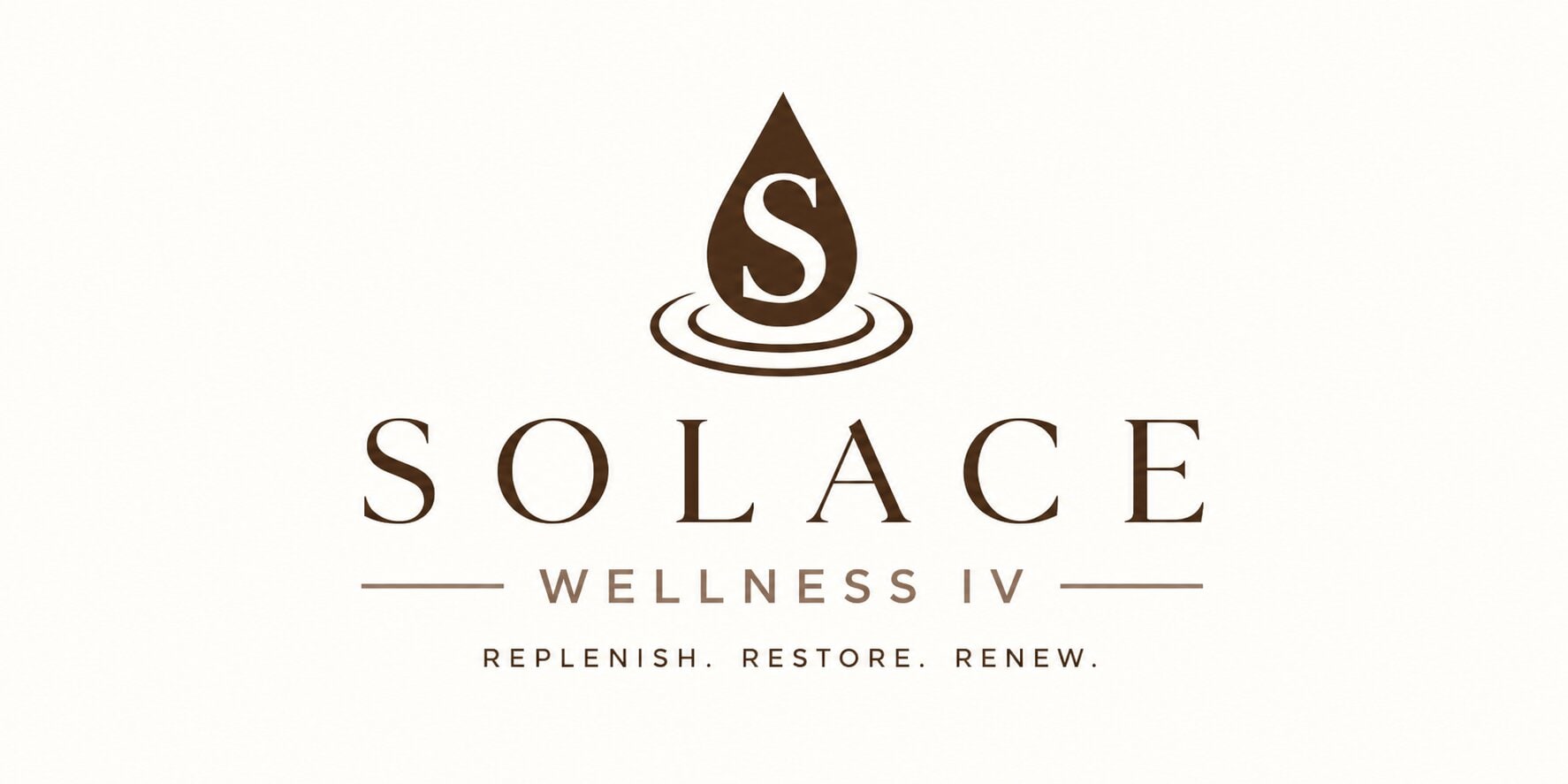 Solace Wellness IV logo with a stylized water droplet and the tagline "Replenish. Restore. Renew."