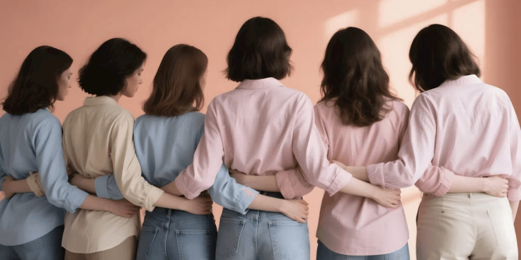 Group of women standing together with arms around each other, symbolizing support and community.